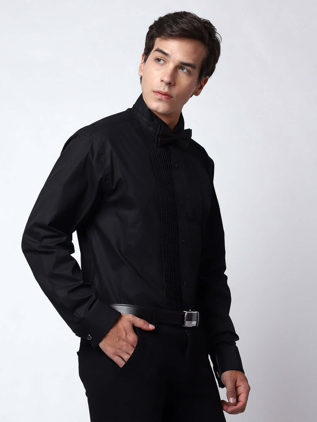 Black Pintex Designer Tuxedo Shirt for Men which is made up of cotton and has wing tip collar with french cuffs. Perfect designer formal wear black shirt for weddings and black tie events by Crease India.