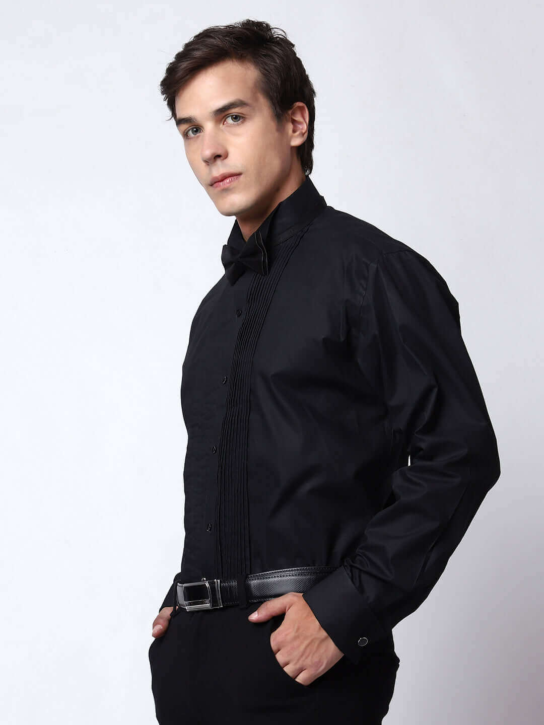Black Pintex Designer Tuxedo Shirt for Men which is made up of cotton and has wing tip collar with french cuffs. Perfect designer formal wear black shirt for weddings and black tie events by Crease India.