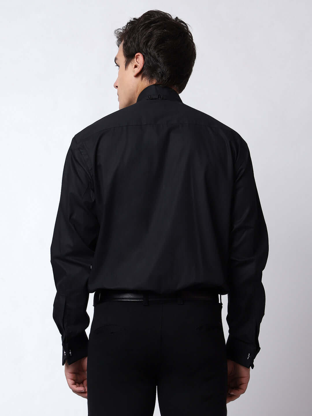 Black Pintex Designer Tuxedo Shirt for Men which is made up of cotton and has wing tip collar with french cuffs. Perfect designer formal wear black shirt for weddings and black tie events by Crease India.