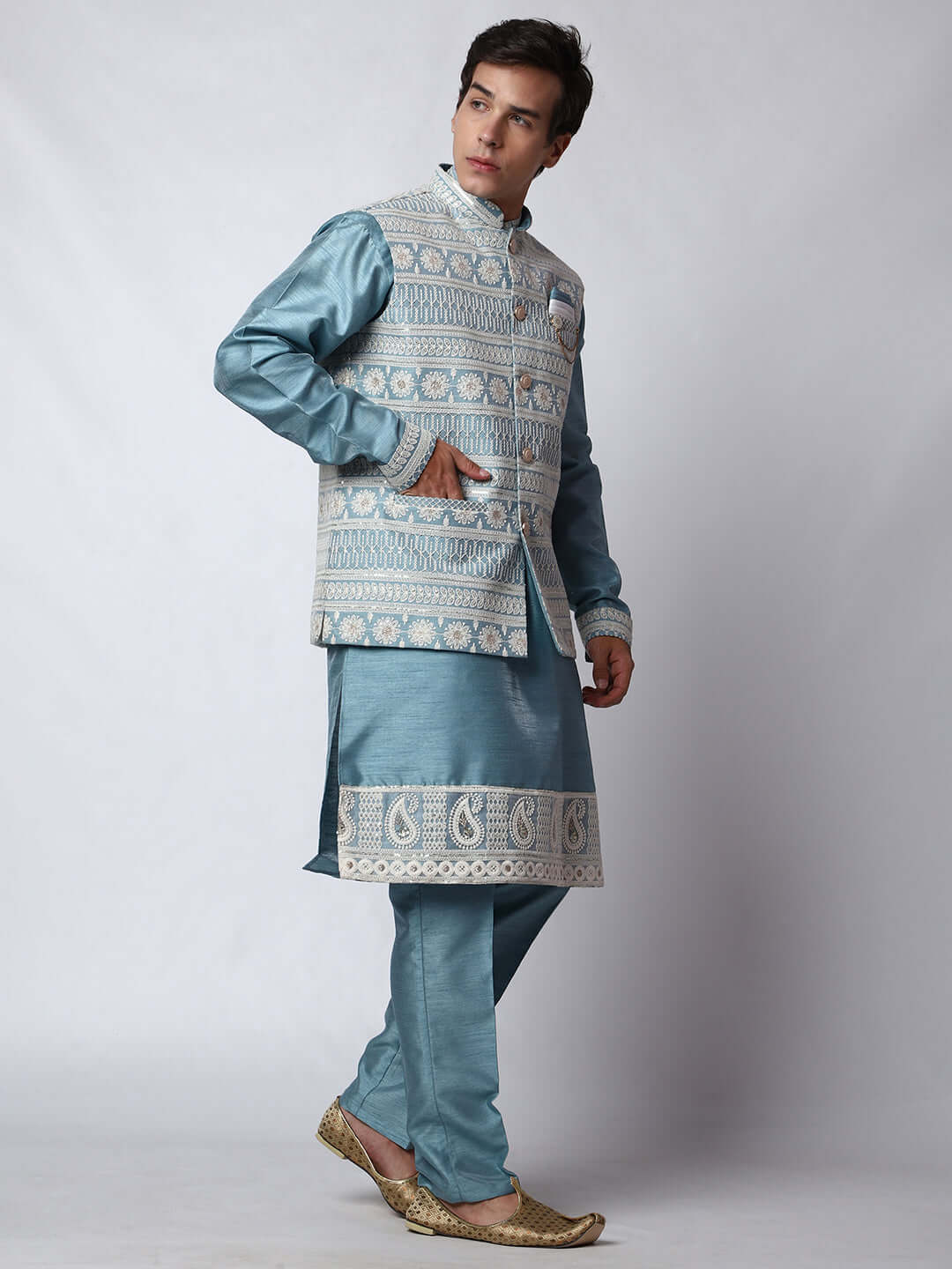 Turquoise Blue kurta with blue nehru jacket for men which is made up of dupion silk and has net embroidery with sequins on it. Shop this turquoise blue designer wedding kurta jacket set for male from Crease India website.