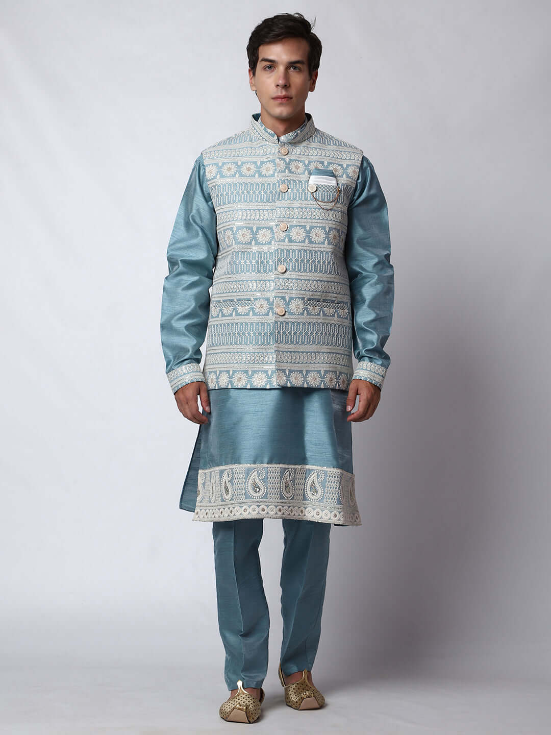 Turquoise Blue kurta with blue nehru jacket for men which is made up of dupion silk and has net embroidery with sequins on it. Shop this turquoise blue designer wedding kurta jacket set for male from Crease India website.