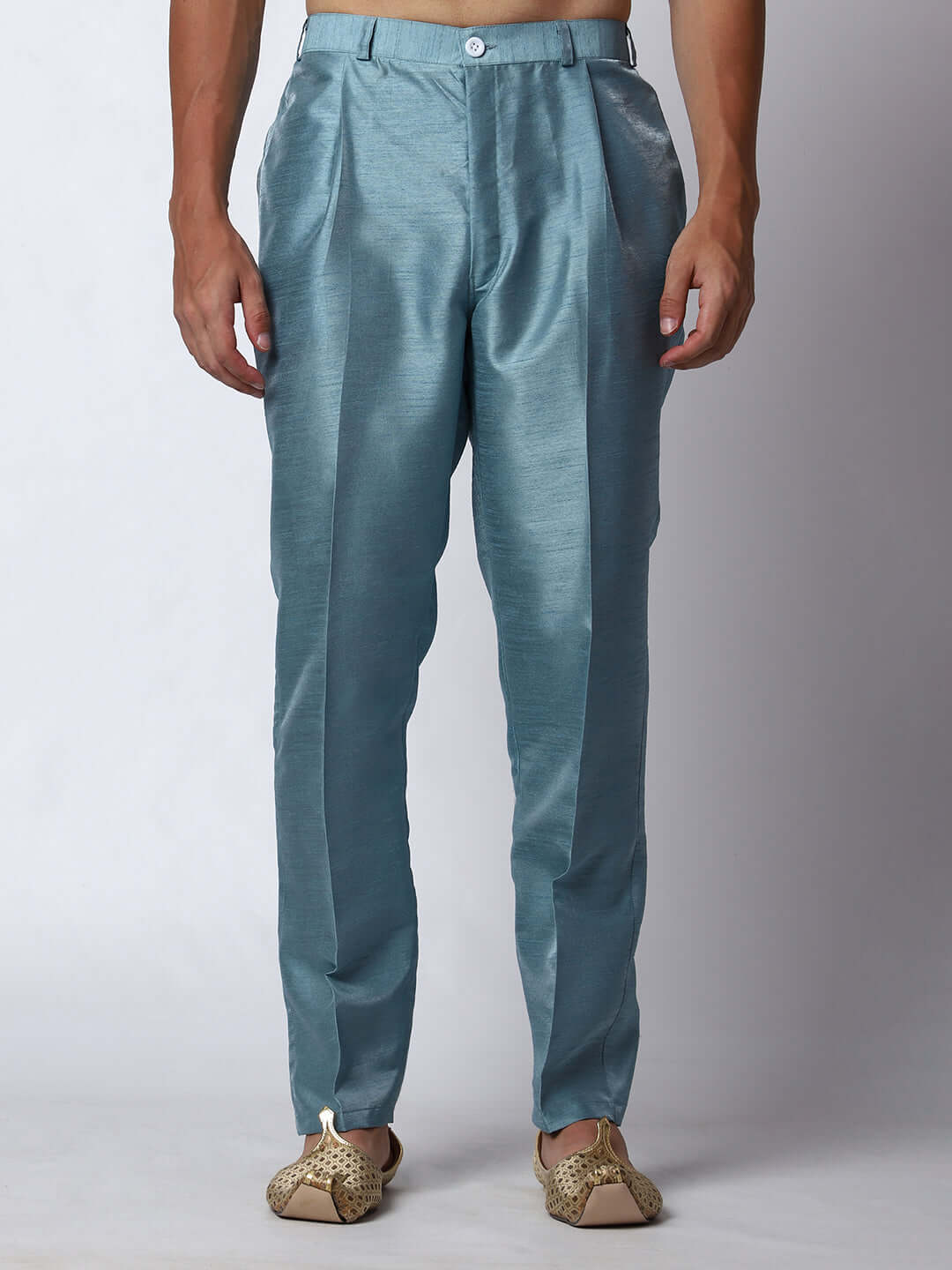 Turquoise Blue kurta with blue nehru jacket for men which is made up of dupion silk and has net embroidery with sequins on it. Shop this turquoise blue designer wedding kurta jacket set for male from Crease India website.