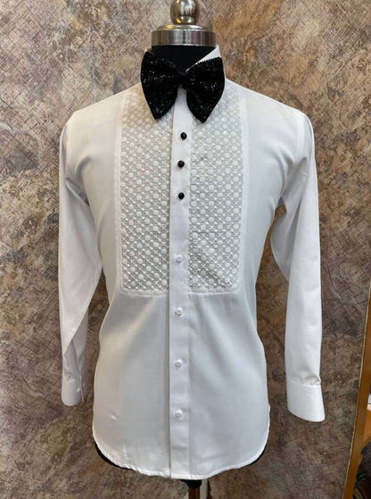 Chikankari Designer White Tuxedo Shirt for Men which is made up of cotton and has chikankari work at the front. Perfect designer formal wear white shirt for weddings and black tie events by Crease India.