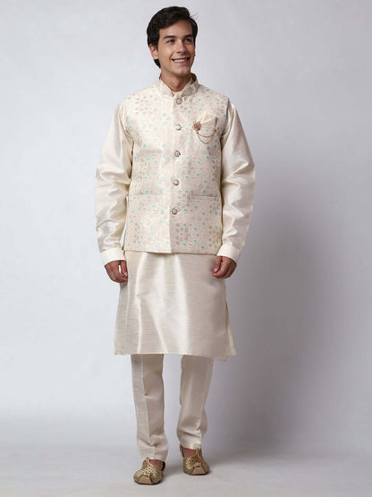 Cream kurta with nehru jacket for men which is made up of dupion silk and has multicolored thread embroidery on it. Shop this cream designer wedding kurta jacket set for male from Crease India website.