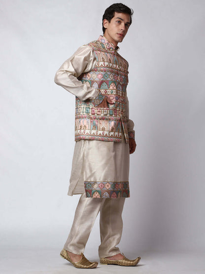 Zari Fawn kurta with fawn nehru jacket for men which is made up of dupion silk and has net embroidery with sequins on it. Shop this zari fawn designer wedding kurta jacket set for male from Crease India website.