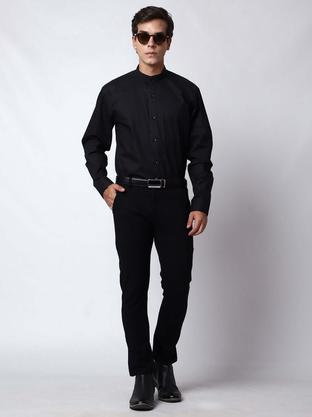 Black Mandarin Collar Shirt for Men, perfect for daily office wear, business meetings and formal occasions. Perfect mandarin collar shirt for men by Crease India.