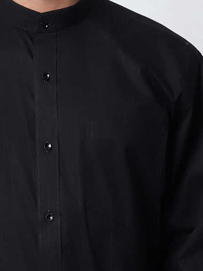 Black Mandarin Collar Shirt for Men, perfect for daily office wear, business meetings and formal occasions. Perfect mandarin collar shirt for men by Crease India.