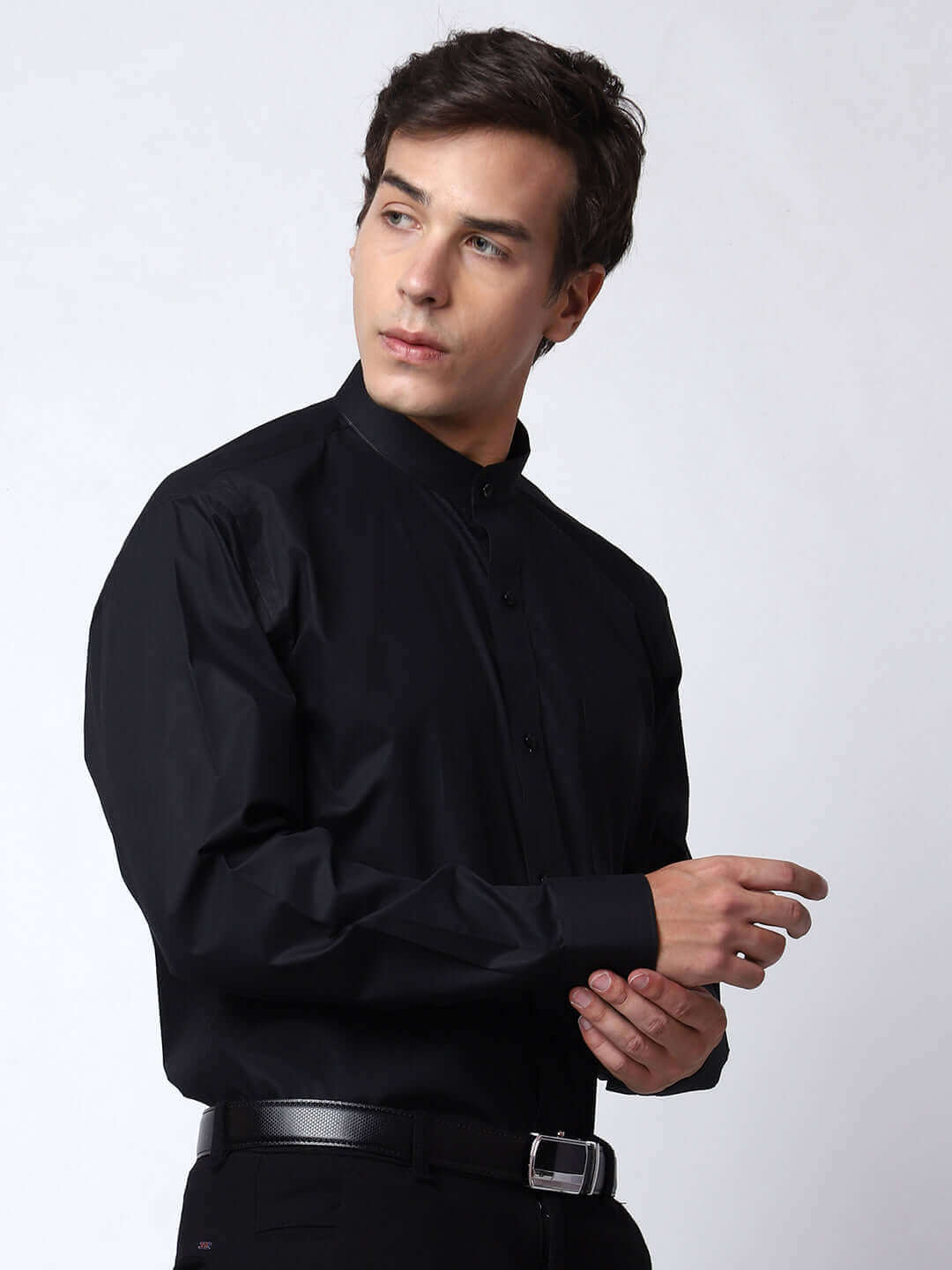 Black Mandarin Collar Shirt for Men, perfect for daily office wear, business meetings and formal occasions. Perfect mandarin collar shirt for men by Crease India.