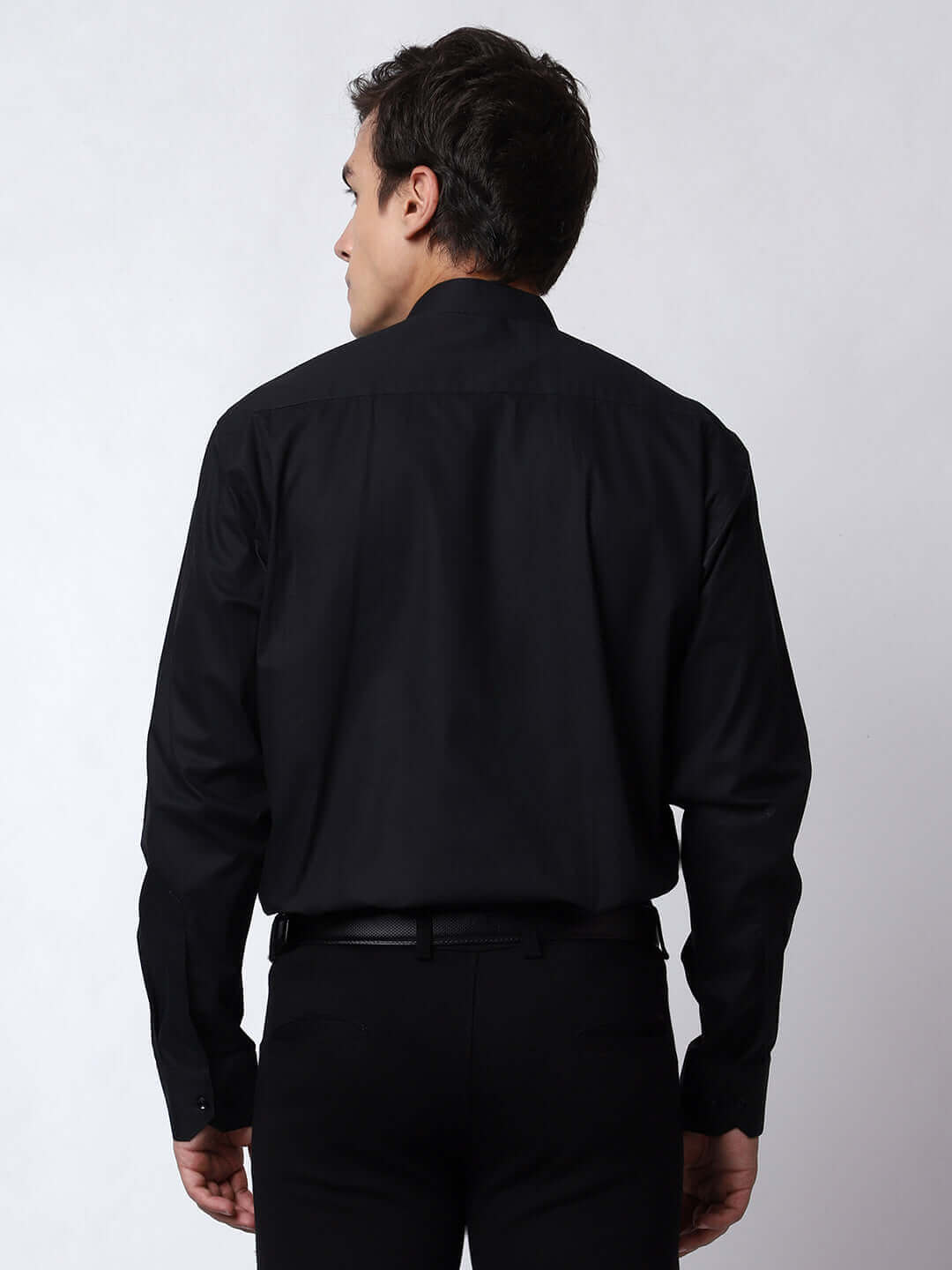 Black Mandarin Collar Shirt for Men, perfect for daily office wear, business meetings and formal occasions. Perfect mandarin collar shirt for men by Crease India.