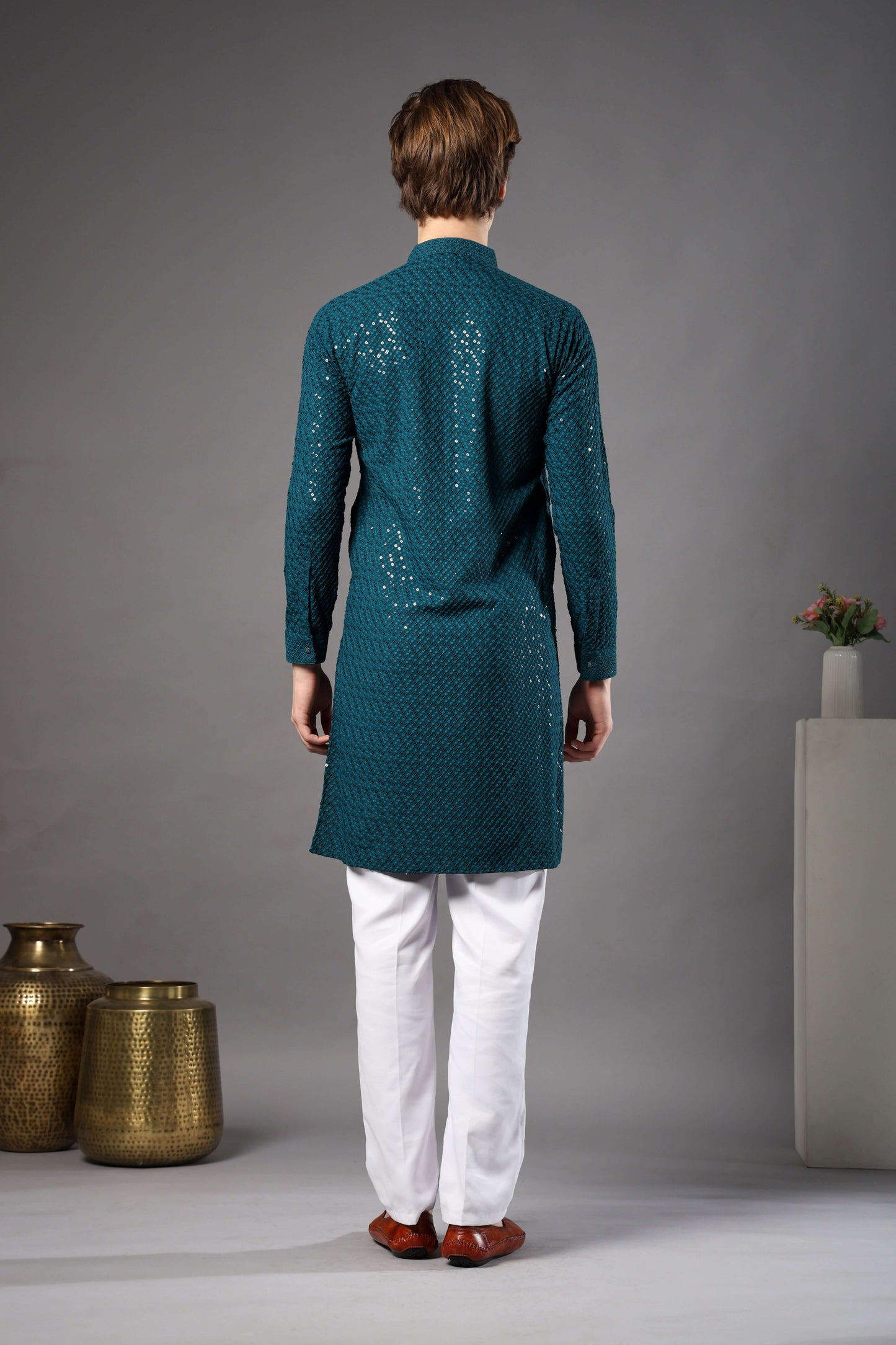 Teal Blue Chikankari Sequin Kurta for Men by Crease India – perfect mens kurta for engagements and Eid. Buy teal blue mens kurta with sequin design online.