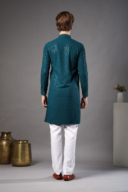 Teal Blue Chikankari Sequin Kurta for Men by Crease India – perfect mens kurta for engagements and Eid. Buy teal blue mens kurta with sequin design online.