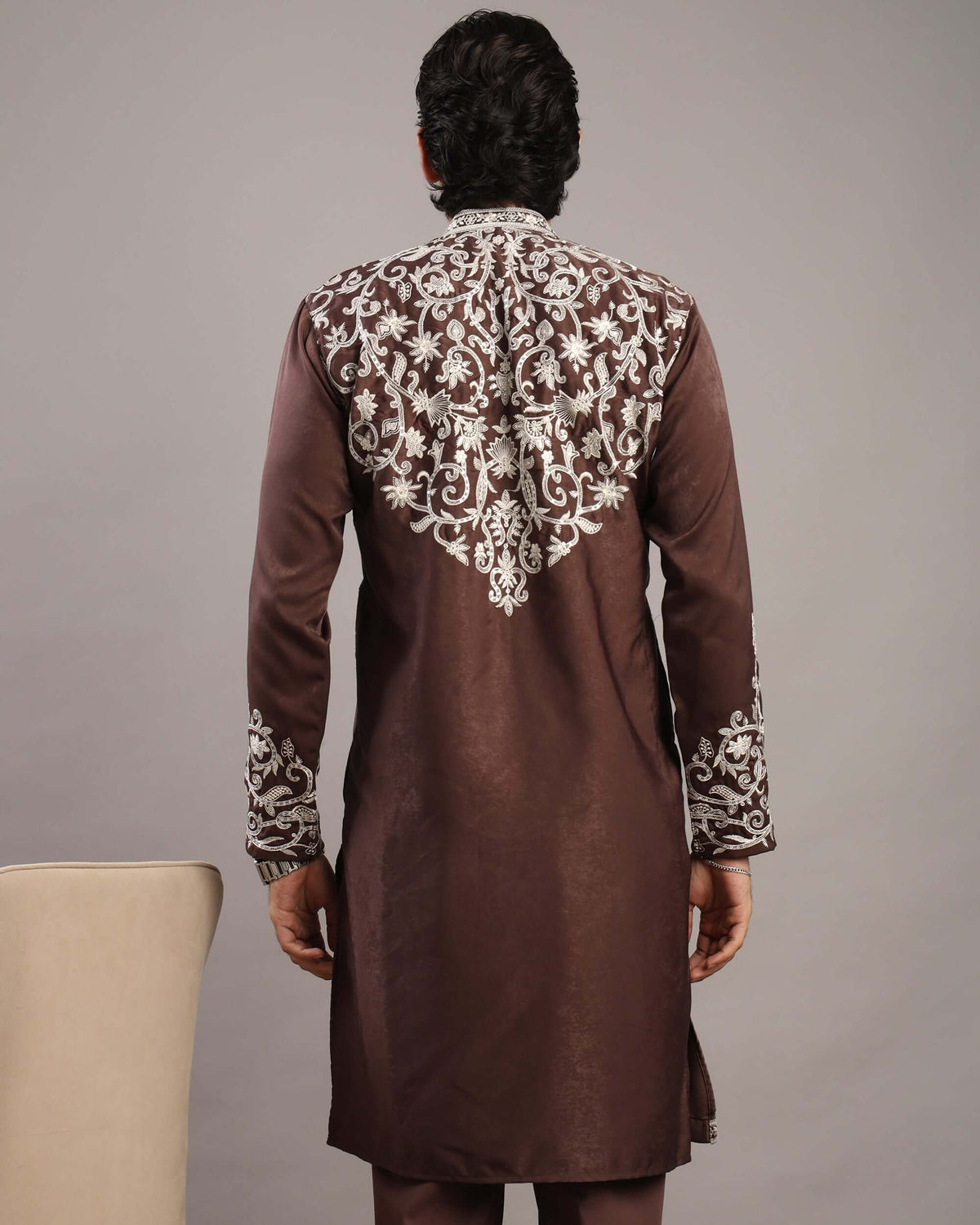 Back view of Men’s Burgundy Royale Floral Embroidered Kurta by Crease India