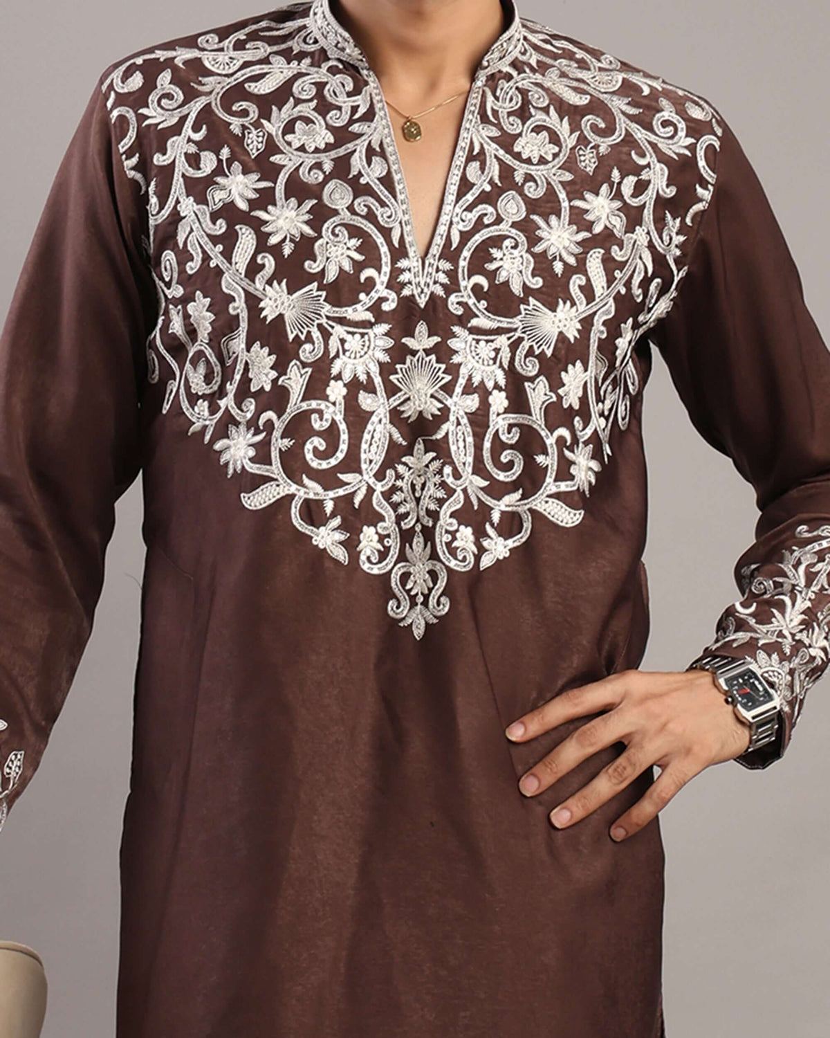 Close-up details of floral embroidery and neckline on Men’s Burgundy Kurta by Crease India