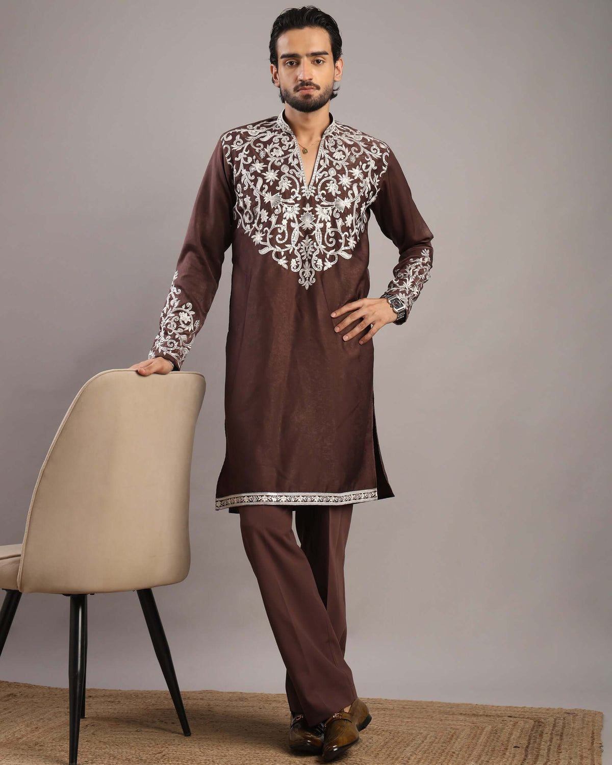 Front view of Men’s Burgundy Royale Floral Embroidered Kurta by Crease India