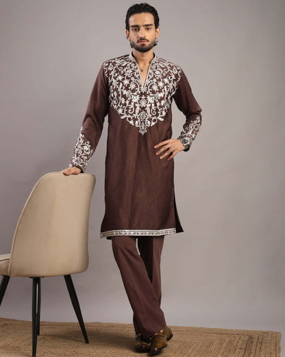 Front view of Men’s Burgundy Royale Floral Embroidered Kurta by Crease India