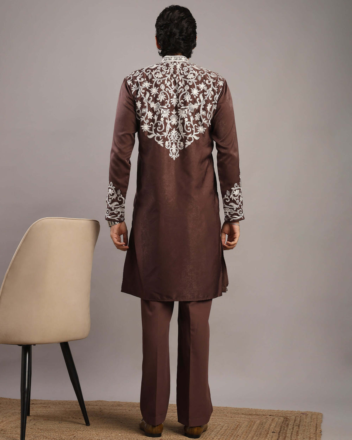 Full Back view of Men’s Burgundy Royale Floral Embroidered Kurta by Crease India