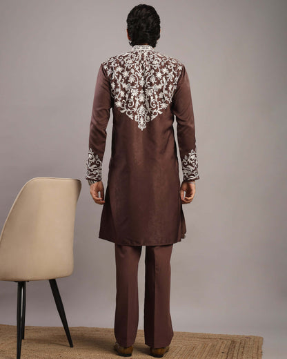 Full Back view of Men’s Burgundy Royale Floral Embroidered Kurta by Crease India