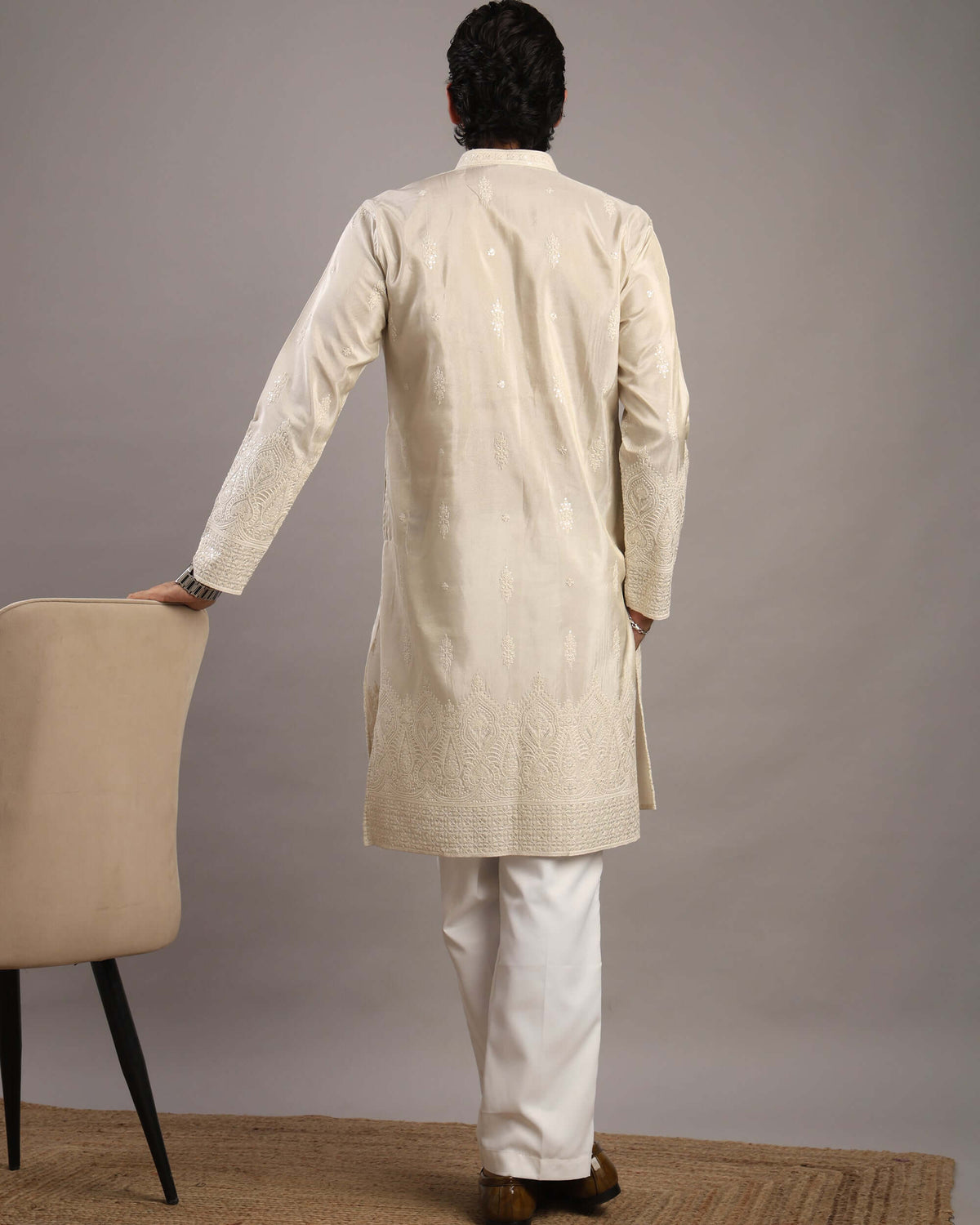 Back view of Men’s Cream Royale Floral Embroidered Kurta by Crease India