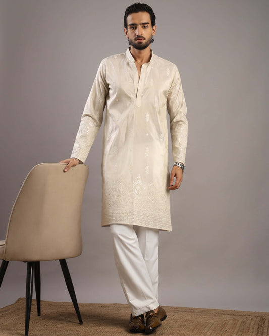 Front view of Men’s Cream Royale Floral Embroidered Kurta by Crease India