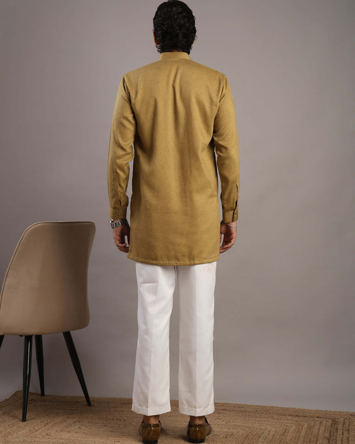 Back view of Men’s Mustard Gold V-Neck Pleated Party Wear Kurta by Crease India