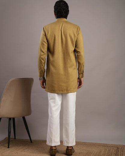 Back view of Men’s Mustard Gold V-Neck Pleated Party Wear Kurta by Crease India