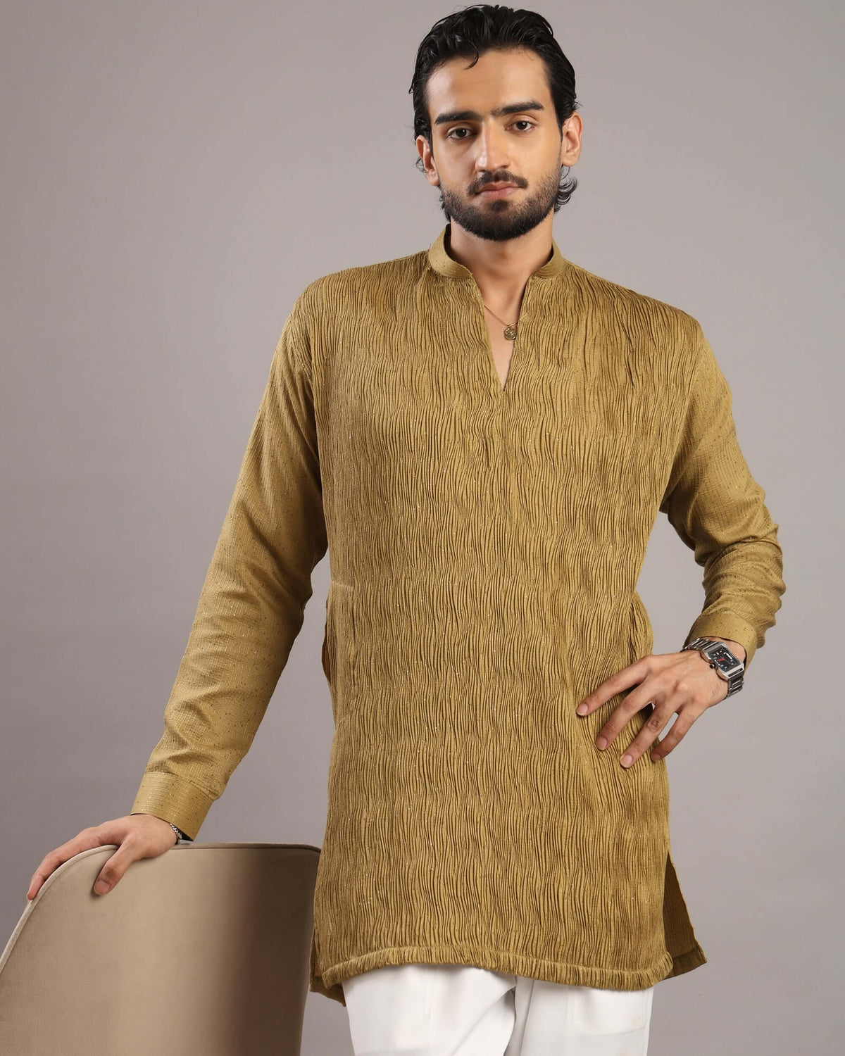 Front view of Men’s Mustard Gold V-Neck Pleated Party Wear Kurta by Crease India