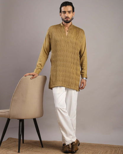 Full standing view of model in Men’s Mustard Gold V-Neck Pleated Party Wear Kurta by Crease India