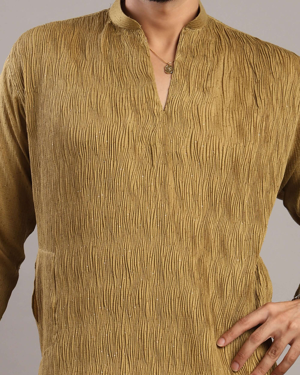 Close-up details of V-neck pleats and sequin accents on Men’s Mustard Gold Silk Kurta by Crease India