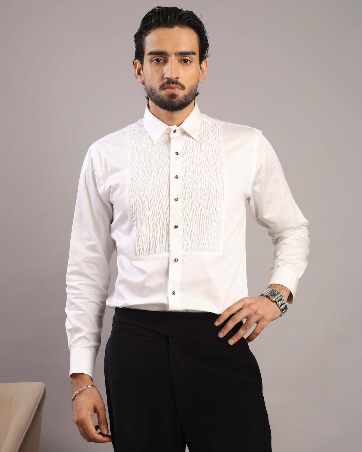Front view of Men’s Ripple White Formal Tuxedo Shirt by Crease India