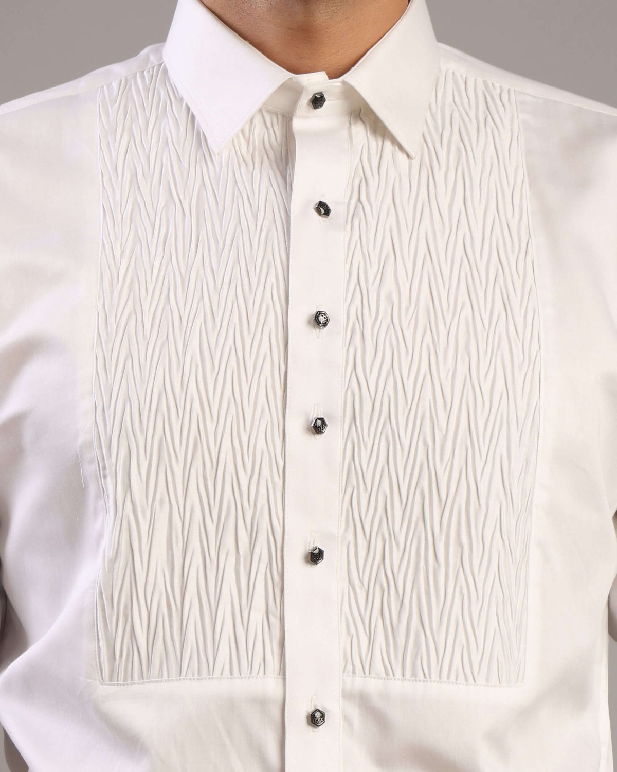 Close-up details of ripple texture and collar on Men’s Ripple White Formal Tuxedo Shirt by Crease India