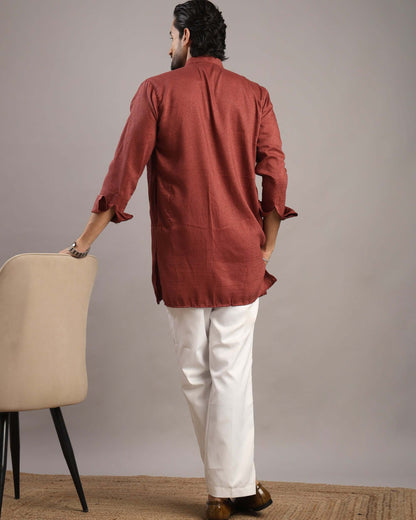 Back view of Men’s Rust Red V-Neck Pleated Party Wear Kurta by Crease India