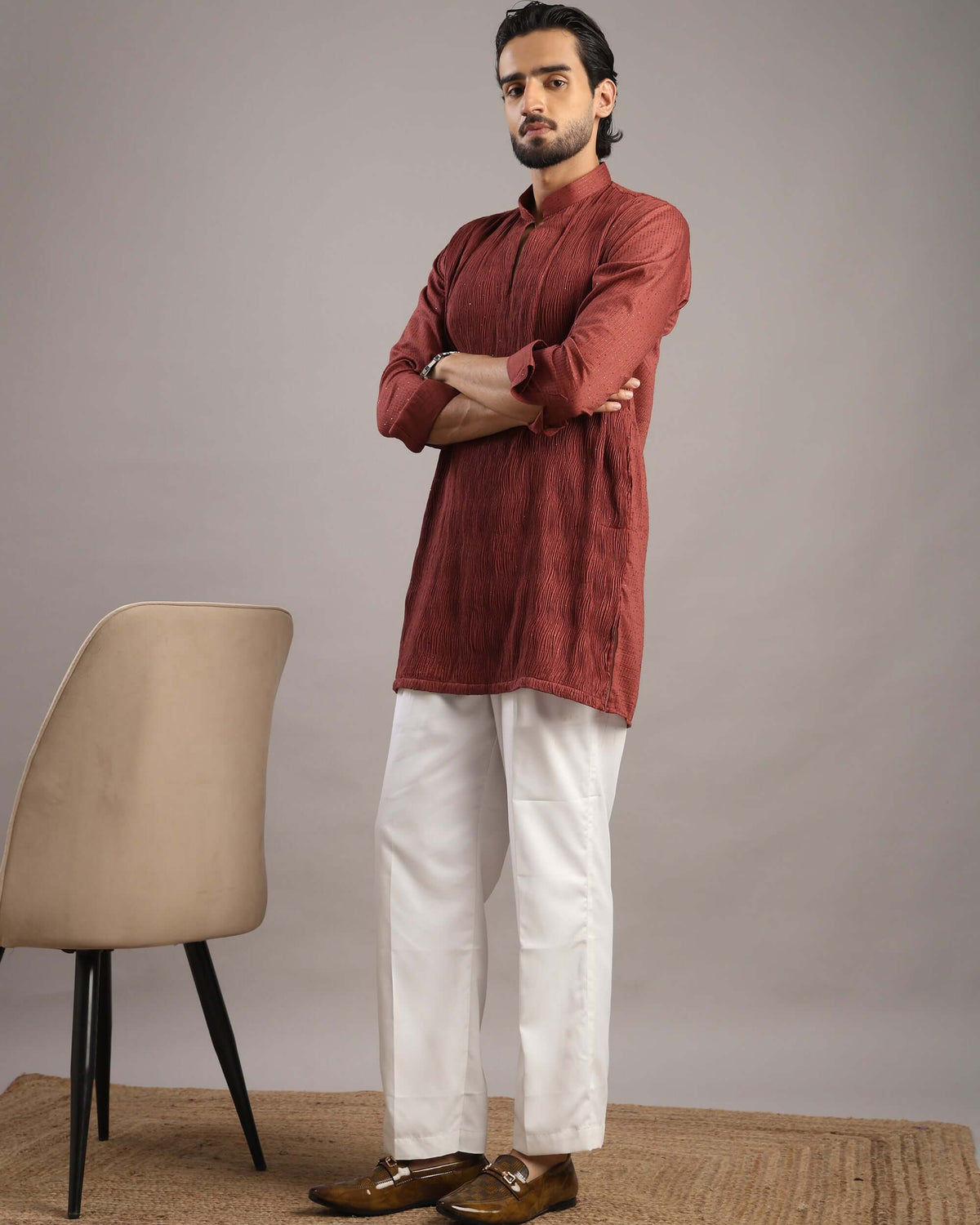 Full standing view of model in Men’s Rust Red V-Neck Pleated Party Wear Kurta by Crease India