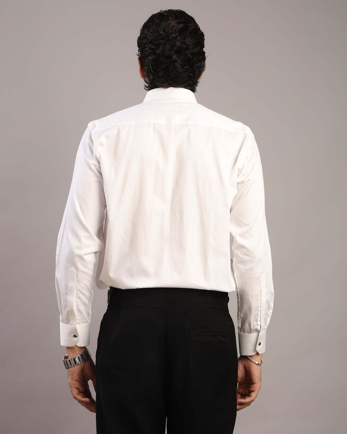 Back view of Men’s White Accordion Pleated Tuxedo Shirt by Crease India