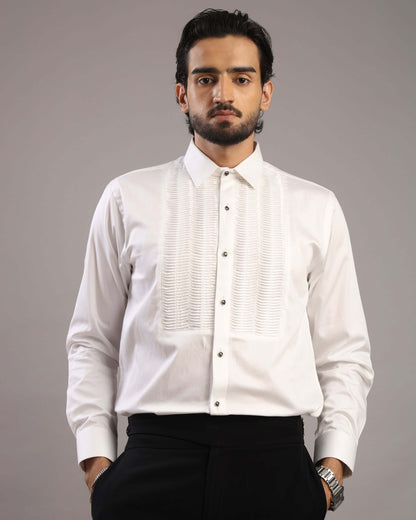 Model looking front wearing Men’s White Accordion Pleated Tuxedo Shirt by Crease India