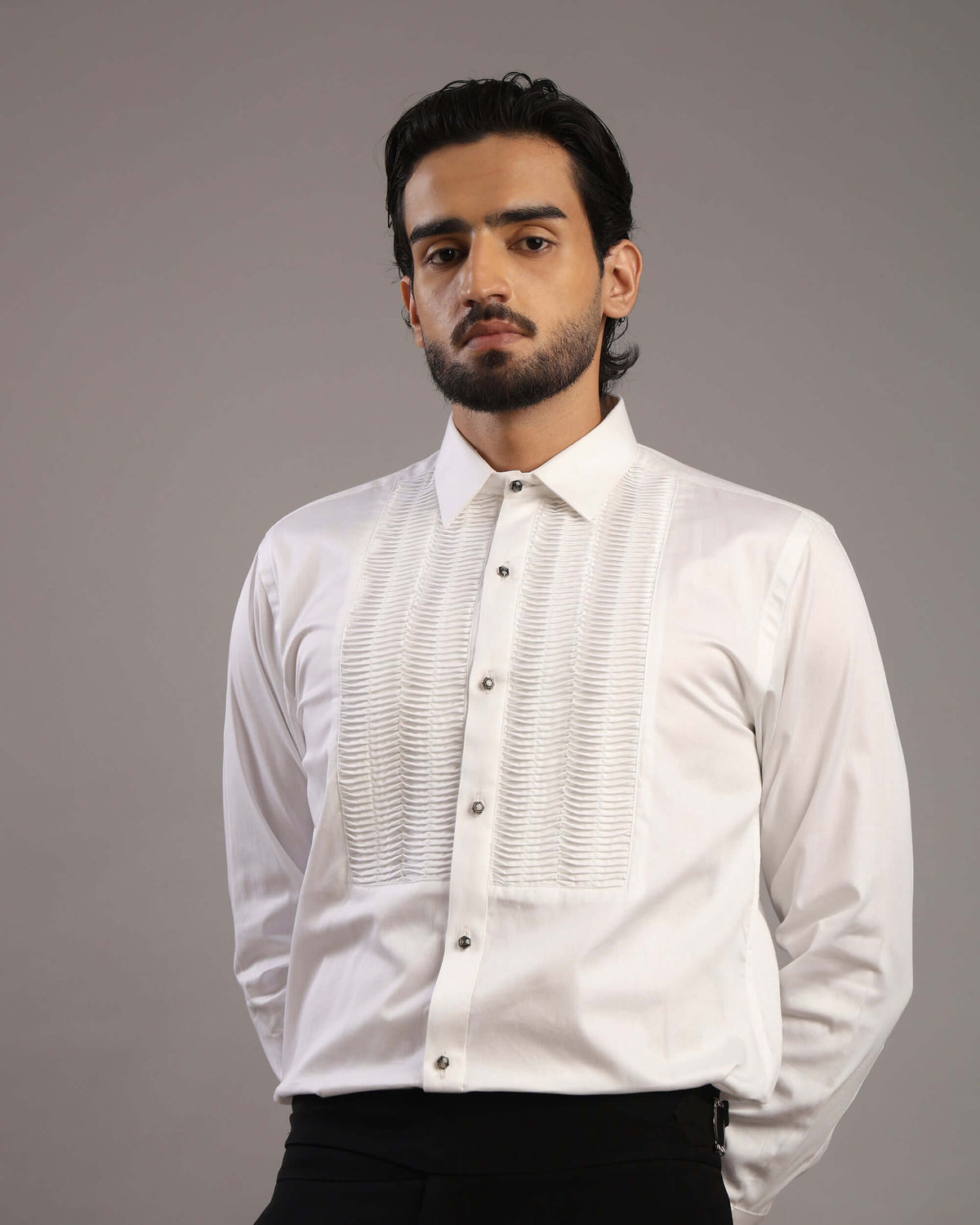 Front view of Men’s White Accordion Pleated Tuxedo Shirt by Crease India