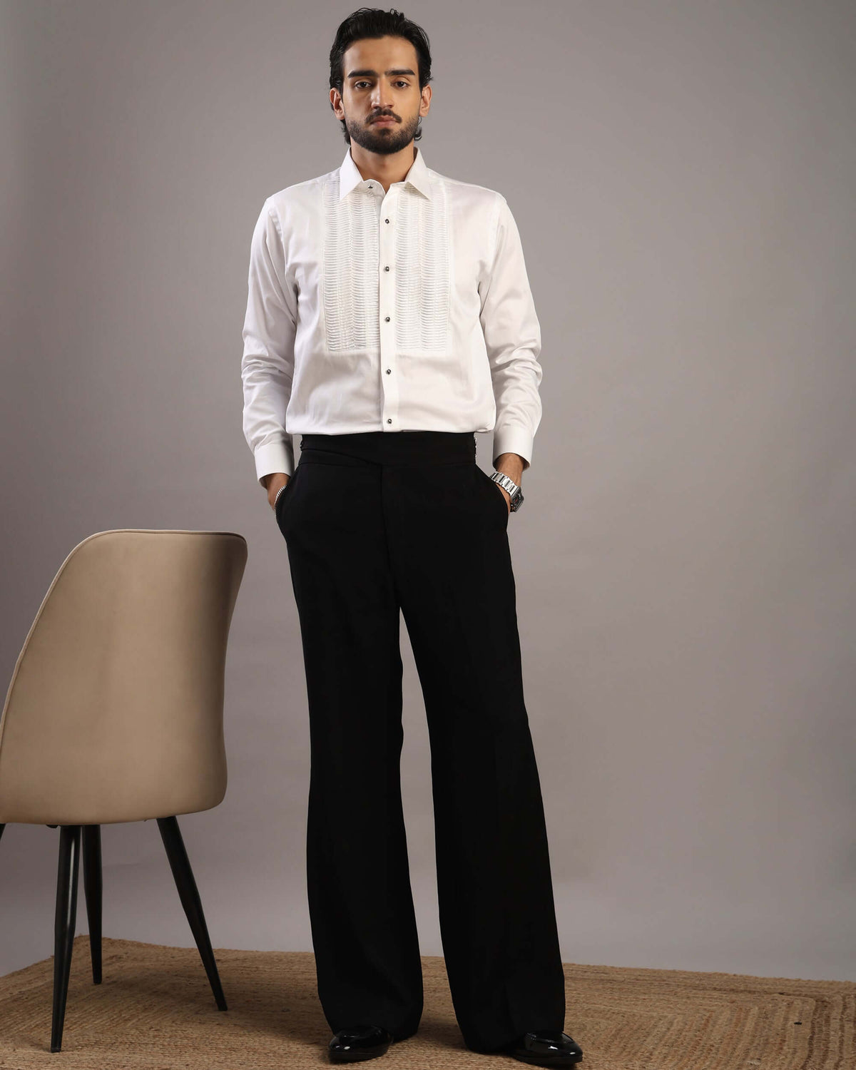 Full standing view of model in Men’s White Accordion Pleated Tuxedo Shirt by Crease India