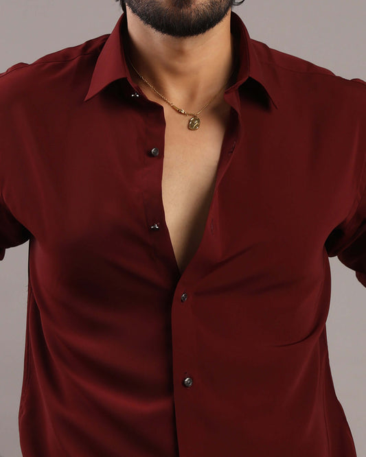 Close-up details of Men’s Wine Red Solid Korean Party Wear Shirt by Crease India