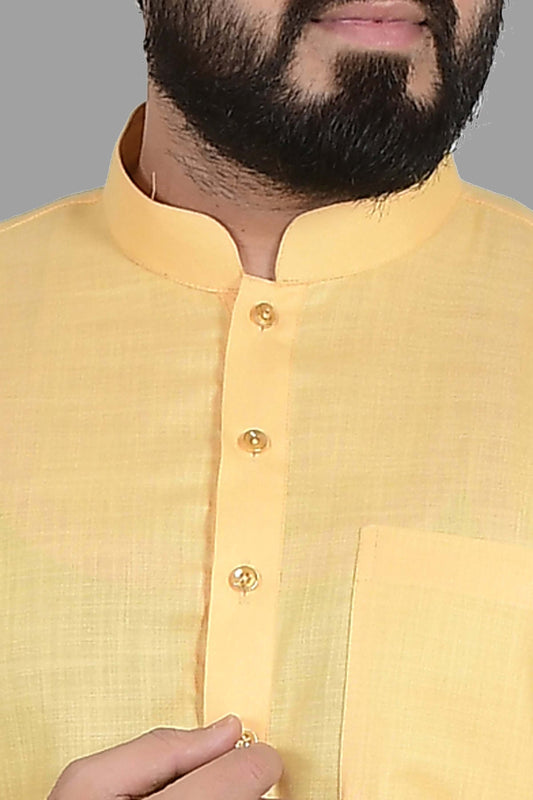 Solid yellow haldi kurta for Men which is made up of premium cotton is perfect for haldi, pooja, traditional and wedding functions. Shop this solid yellow haldi wedding cotton kurta for male from Crease India website.