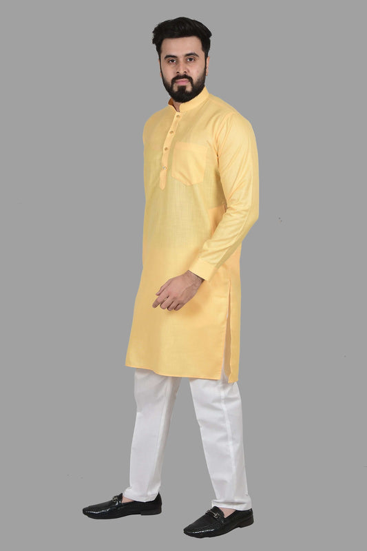 Solid yellow haldi kurta for Men which is made up of premium cotton is perfect for haldi, pooja, traditional and wedding functions. Shop this solid yellow haldi wedding cotton kurta for male from Crease India website.