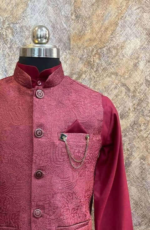 Pink kurta with pink nehru jacket for men which is made up of imported jacquard and has embossed patterns on it. Shop this pink designer wedding kurta jacket set for male from Crease India website.