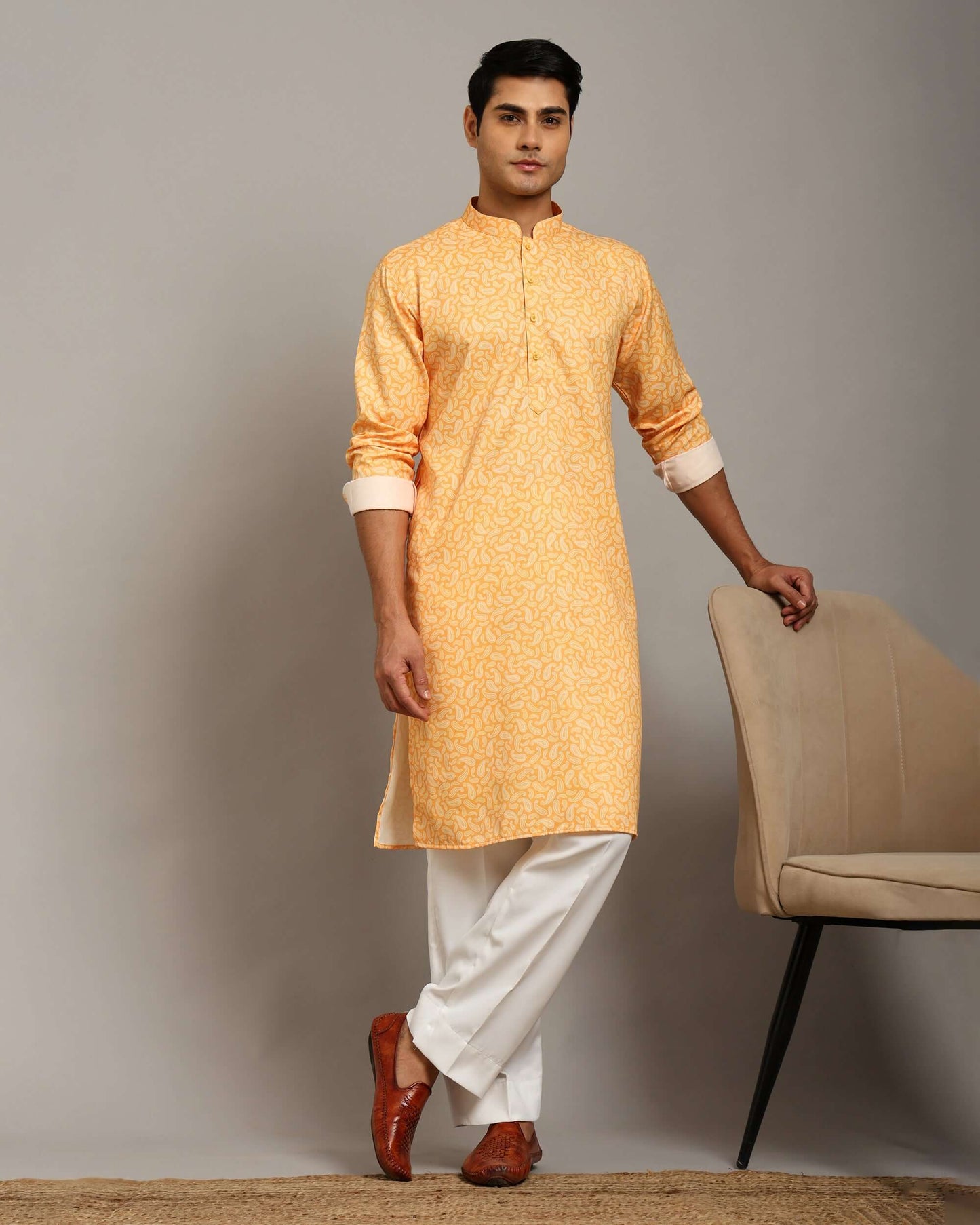 Sama Satin Printed Mustard Yellow Kurta for Men