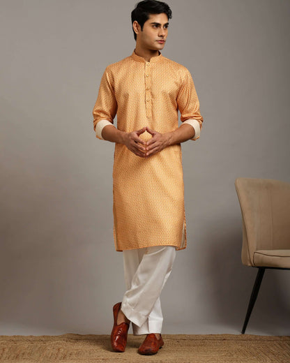 Sama Satin Printed Yellow Kurta for Men