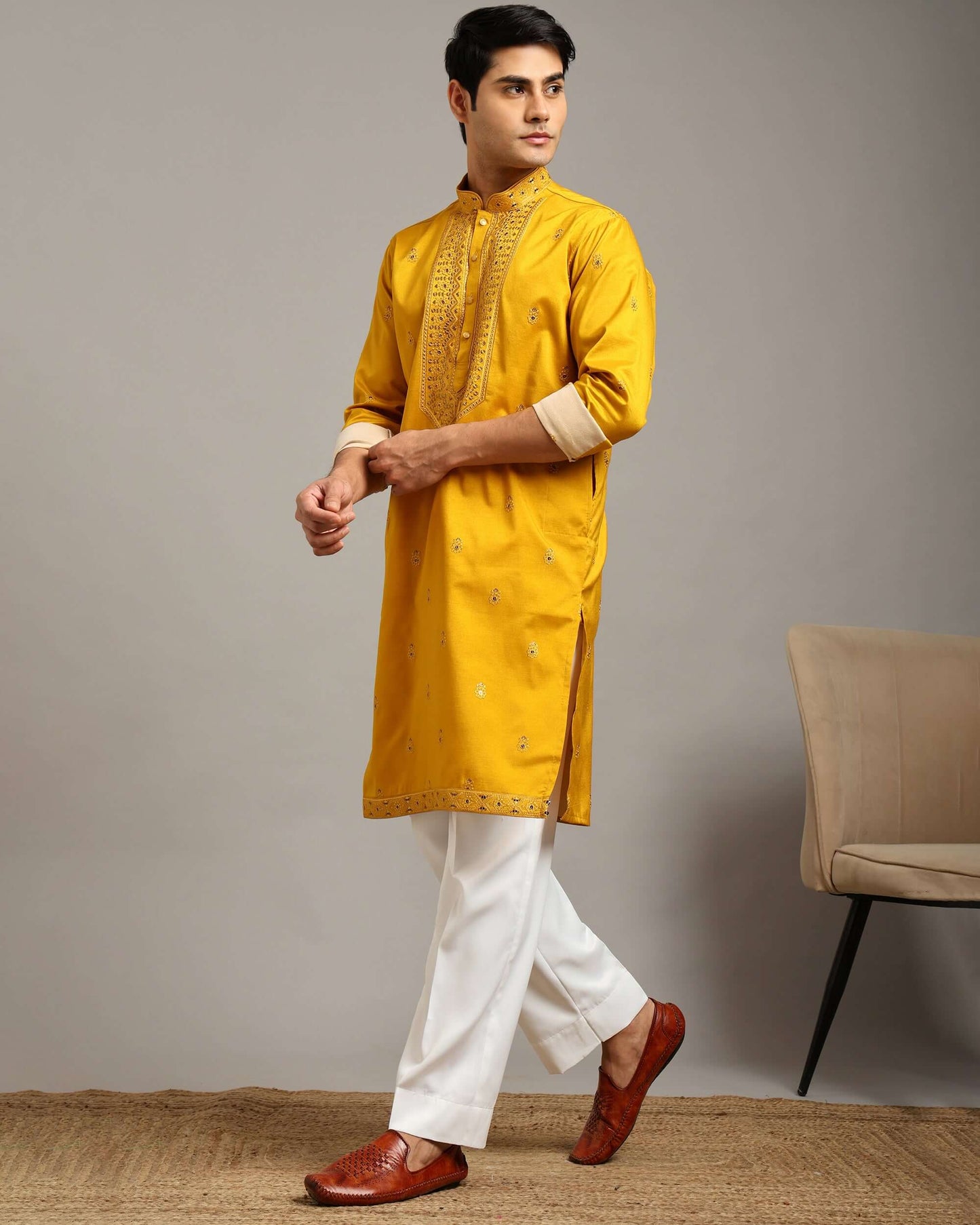 Noor Yellow Haldi Kurta for Men with Embroidery Work