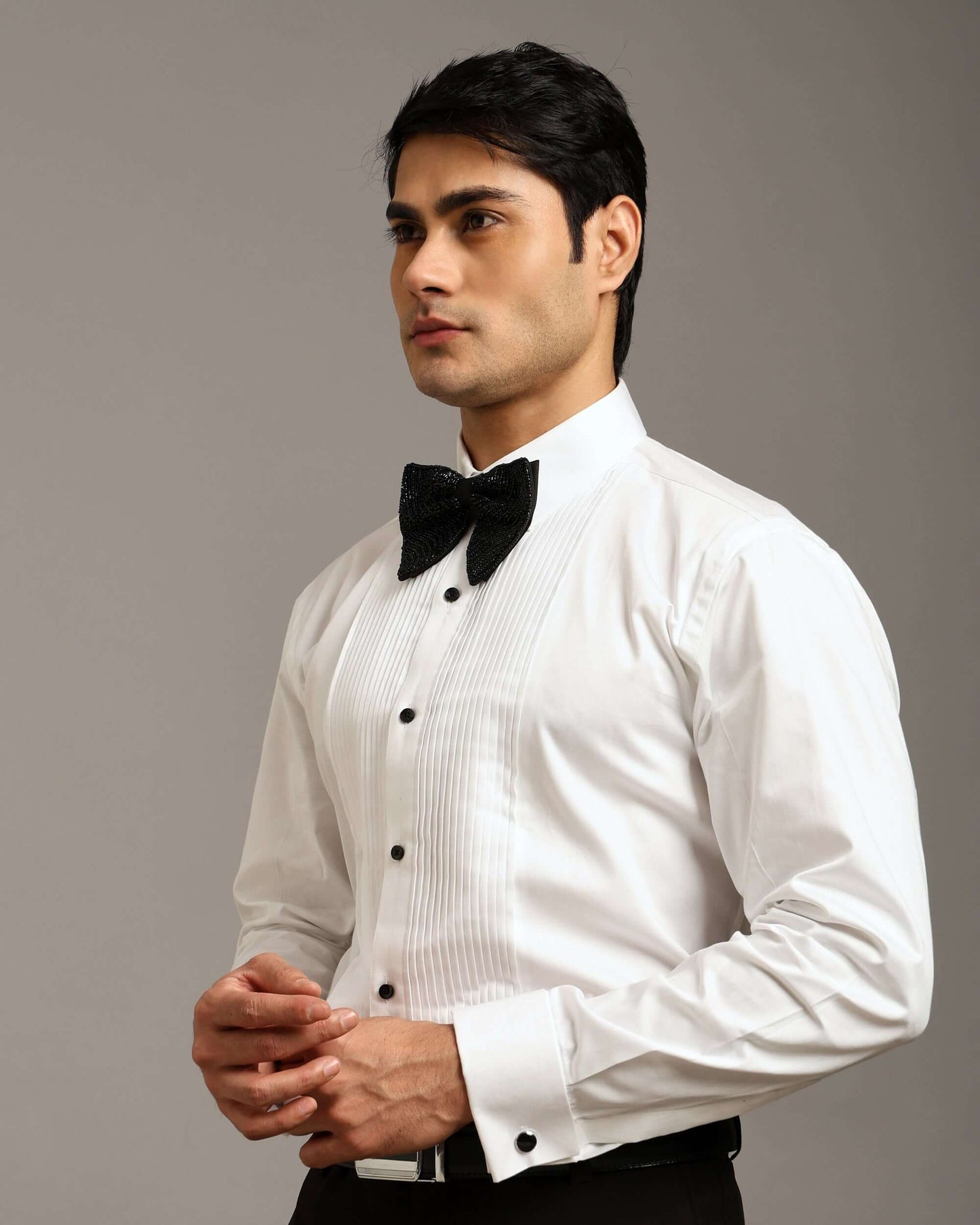 Classic Pintex White Tuxedo Shirt with Spread Collar and French Cuffs