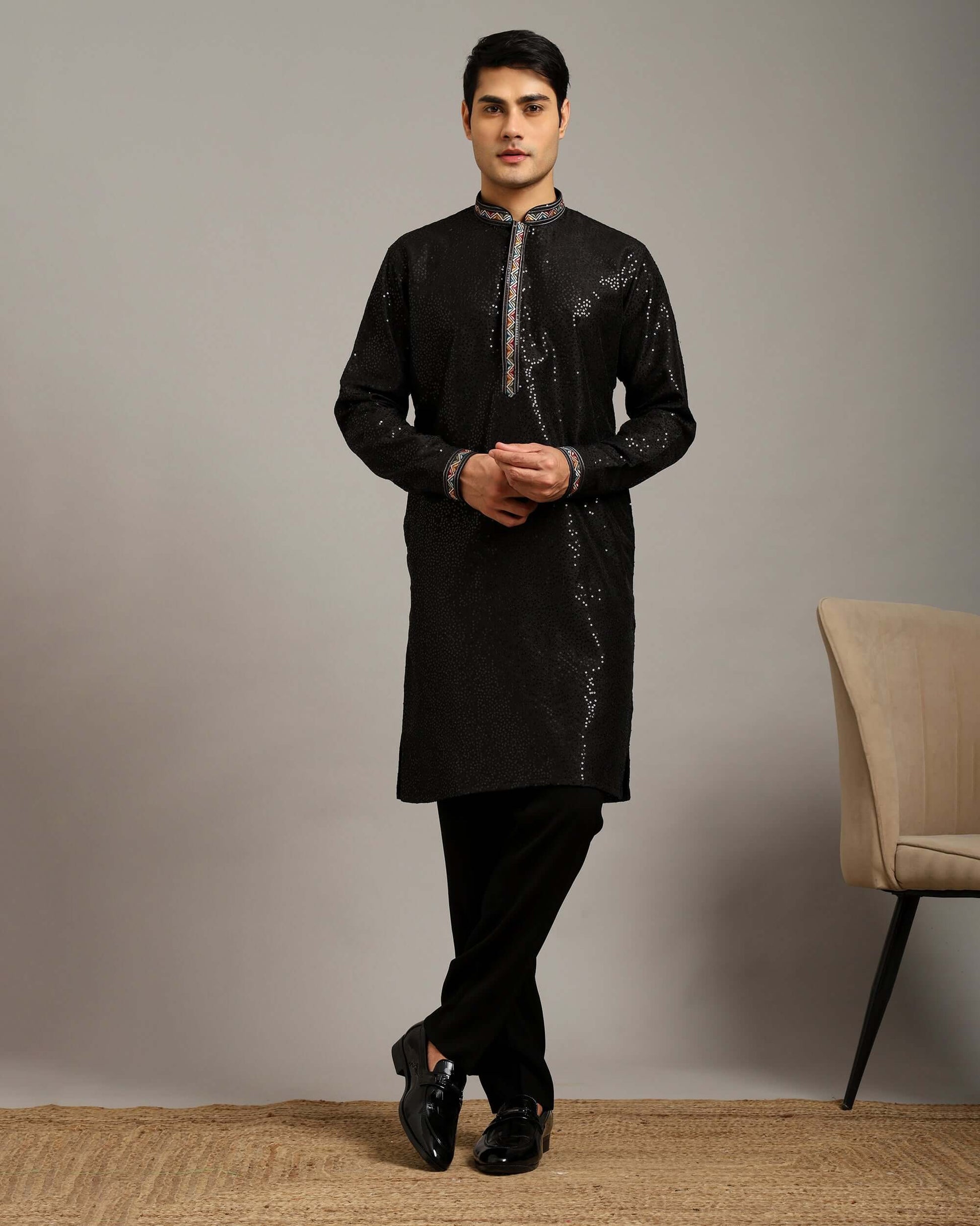 Crease India Zariya Sequin Embroidered Black Wedding Kurta for Men, perfect men’s kurta for wedding reception, cocktail party, sangeet night and Indian cultural event, worldwide delivery available.