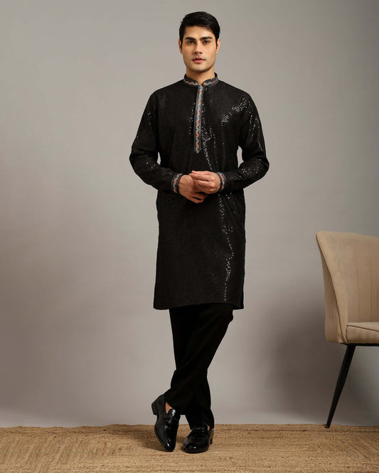 Crease India Zariya Sequin Embroidered Black Wedding Kurta for Men, perfect men’s kurta for wedding reception, cocktail party, sangeet night and Indian cultural event, worldwide delivery available.