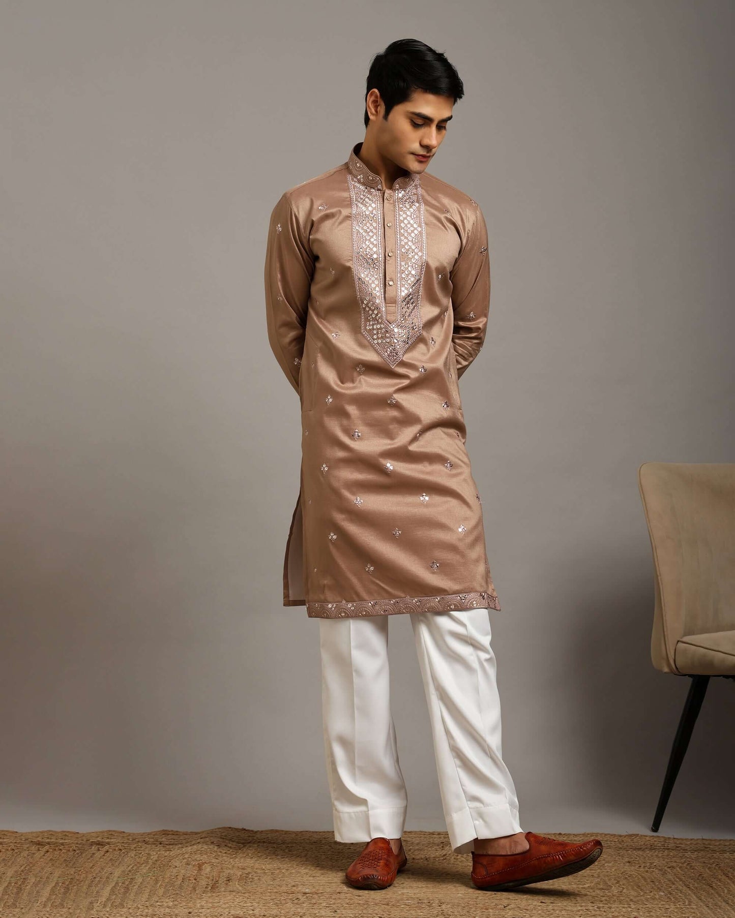Noor Champagne Gold Kurta for Men with Embroidery Work