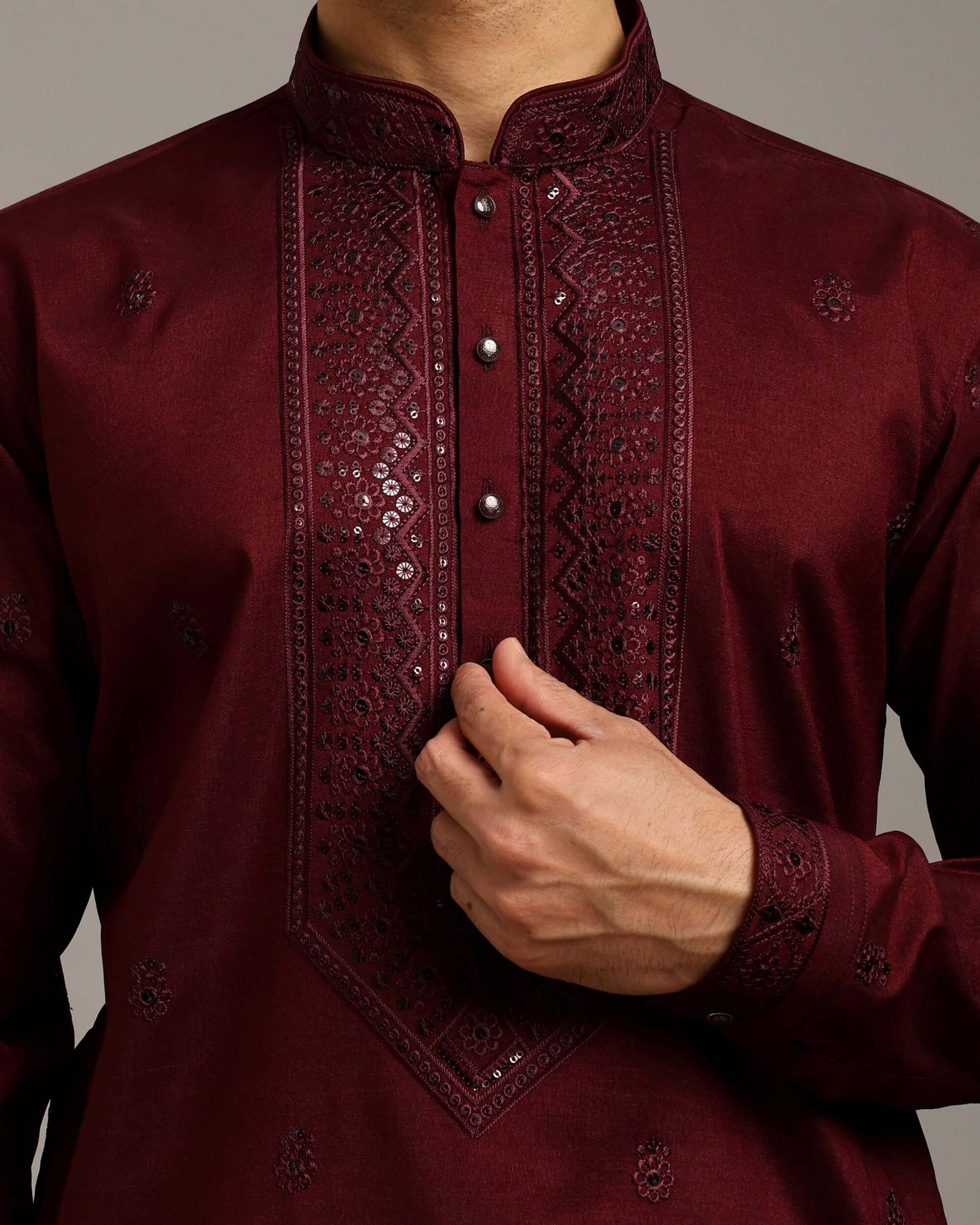Noor Wine Wedding Kurta for Men with Embroidery Work