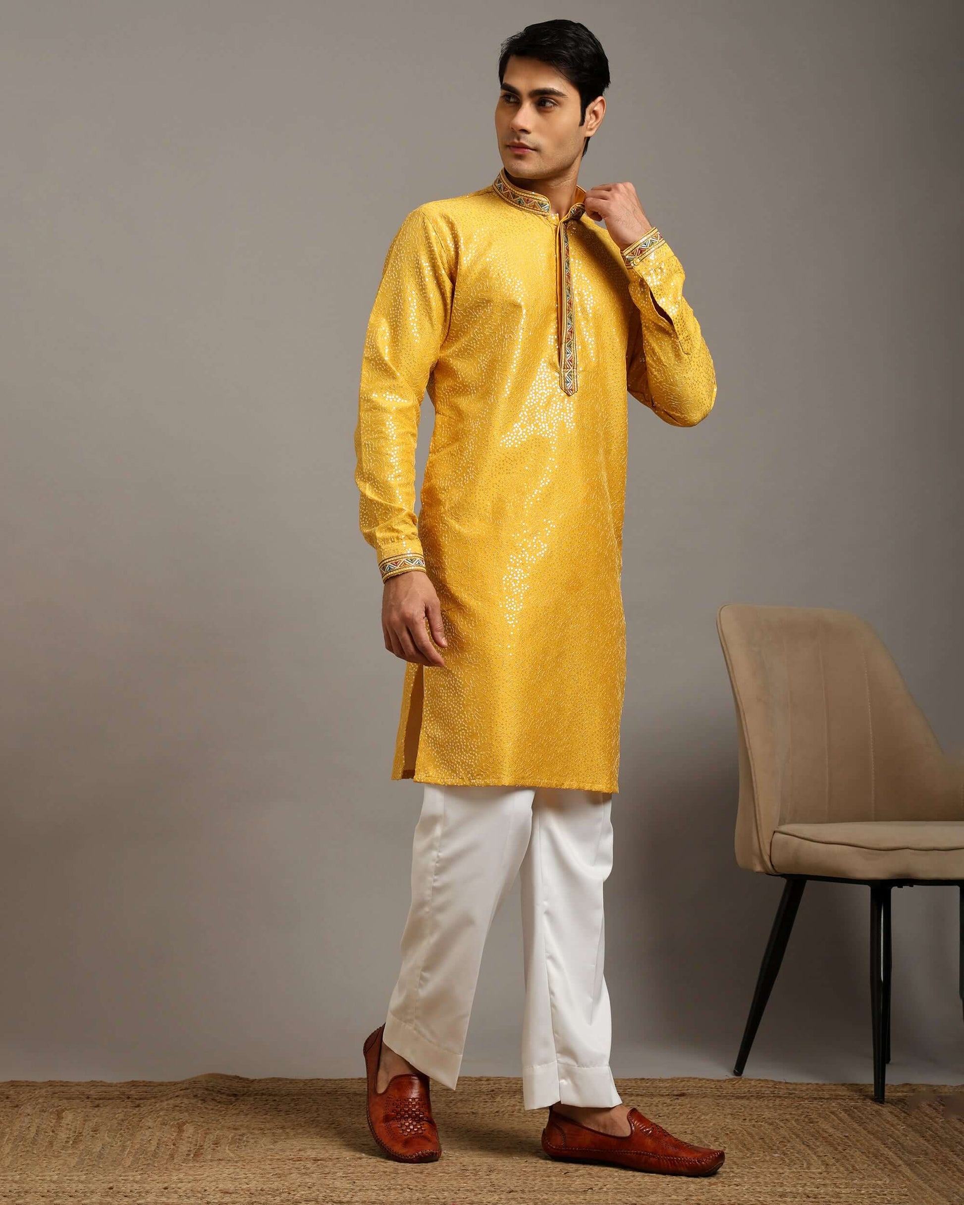 Crease India Zariya Sequin Embroidered Yellow Haldi Kurta for Men, perfect men’s kurta for haldi function, Indian day wedding, engagement ceremony and Indian cultural event, worldwide delivery available.