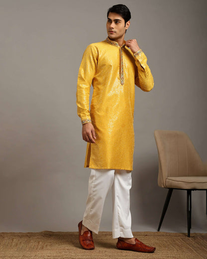 Crease India Zariya Sequin Embroidered Yellow Haldi Kurta for Men, perfect men’s kurta for haldi function, Indian day wedding, engagement ceremony and Indian cultural event, worldwide delivery available.